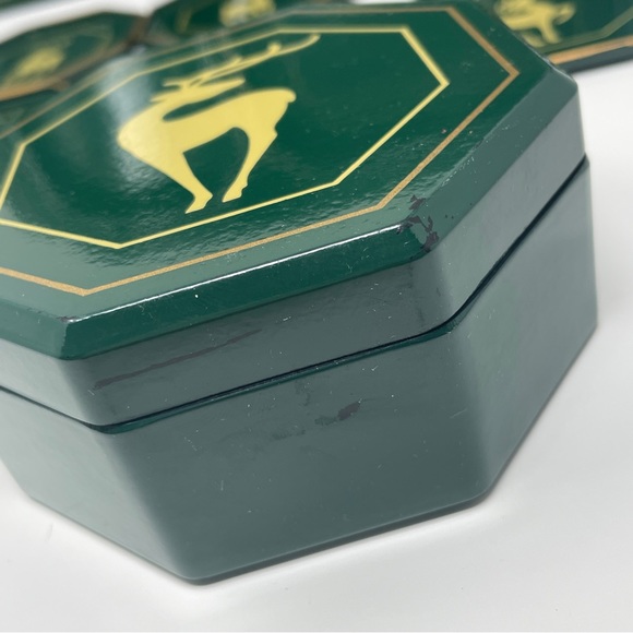 Vintage Serving Trays and Coasters Set Enesco Hunter Green Deer Made in Japan - Picture 4 of 16